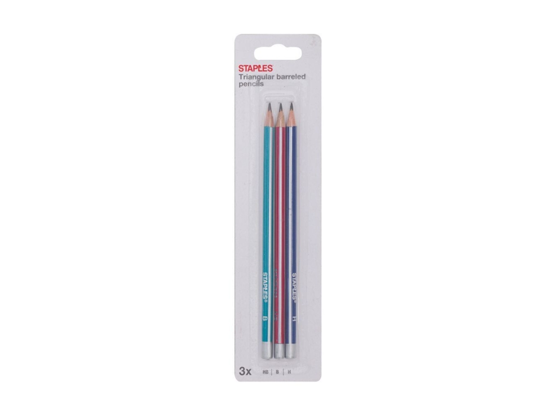 Lápis de Grafite STAPLES Minas B, H, Hb, Corpo Triangular Vermelho, Verde e Azul, Pack 3 Unidades