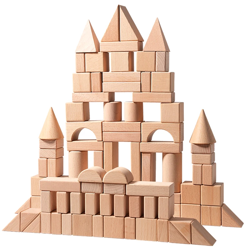 Conjunto Montessori Com 100 Blocos De Madeira Para Construção E Balde Para Classificação Geométrica.