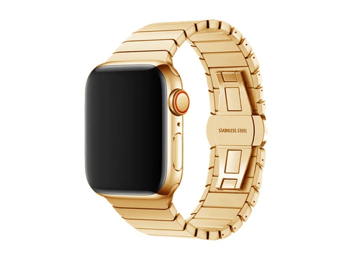 Pulseira para Apple Watch com mostrador Borboleta e data em aço inoxidável, compatível com Apple Watch S10, SE, S11 e Ultra, dourada, tamanhos 42, 44 e 45.