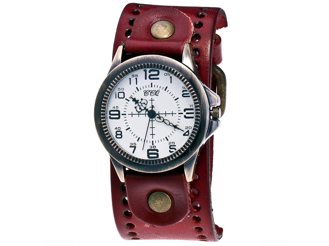 Relógio de pulso unissex estilo retrô punk com mostrador metálico e pulseira de PU (vermelho)