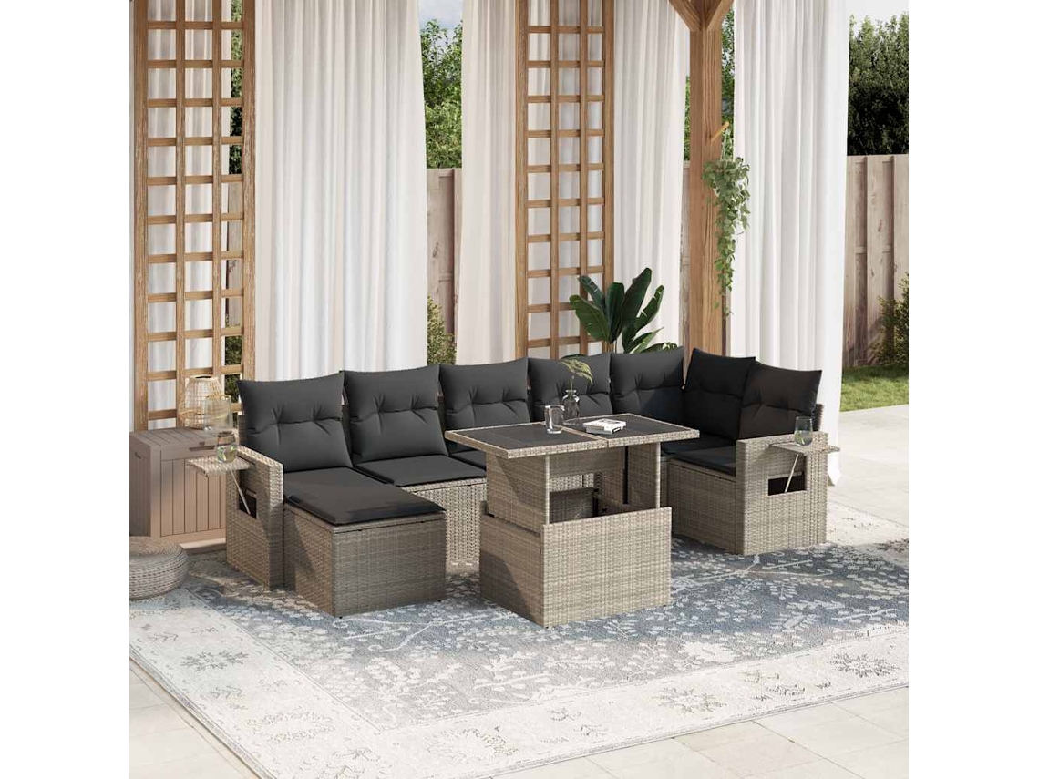 Vidaxl 8 Pcs Conj. Sofás Jardim C/ Almofadões Vime Pe Cinzento-claro