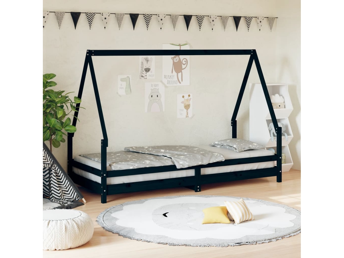 Vidaxl Estrutura De Cama Infantil 80x200 Cm Pinho Maciço Preto