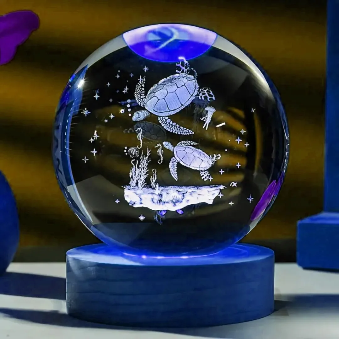 Bola de Cristal em Formato de Tartaruga de 6cm com Gravação a Laser 3d MDUG (luz Colorida)