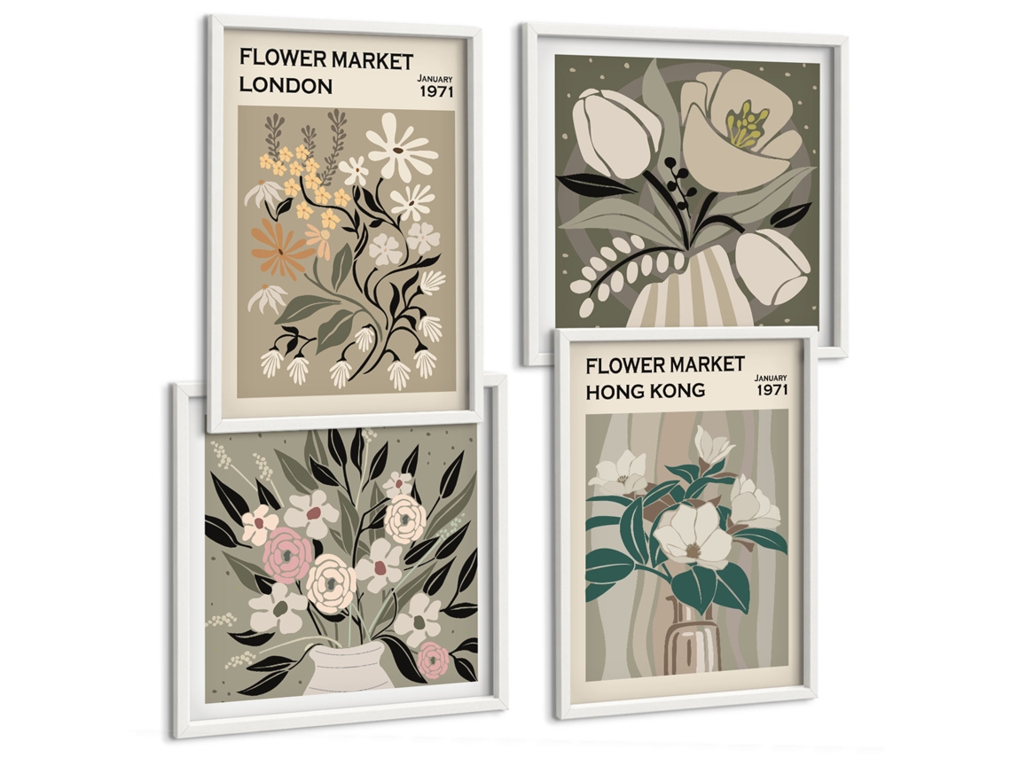 Quadros Decorativos Para Parede Montanhas Abstratas, Flores, Inspiração Moldura Branca Fotos Para O Escritório Espelharte (conjunto De 4 Imagens)