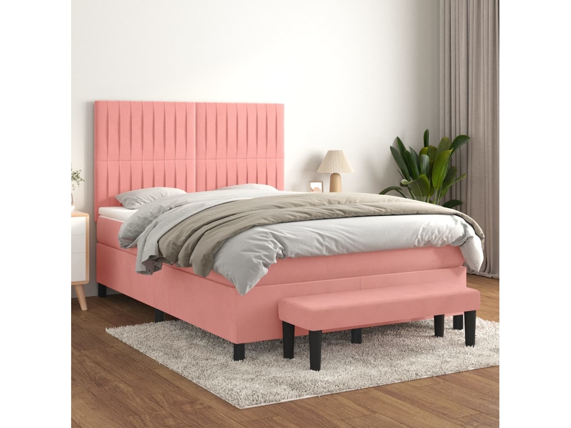 Vidaxl Cama Com Molas/colchão 140x200 Cm Veludo Rosa