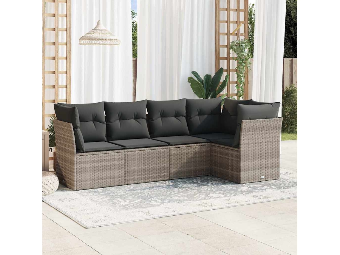 Vidaxl 5 Pcs Conj. Sofás Jardim C/ Almofadões Vime Pe Cinzento-claro