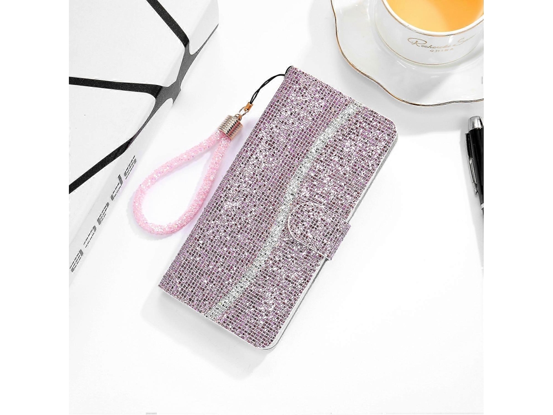 Capa De Couro Com Flip Horizontal Para Iphone 14 Com Glitter Em Pó