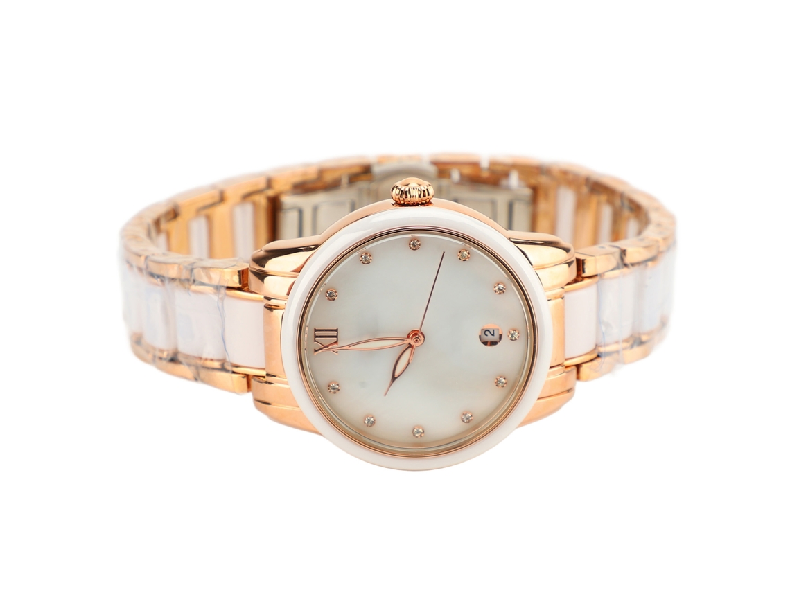 Relógio Feminino de Luxo com Cristais e Data Resistente À Água 30m Aço Inoxidável Bicolor