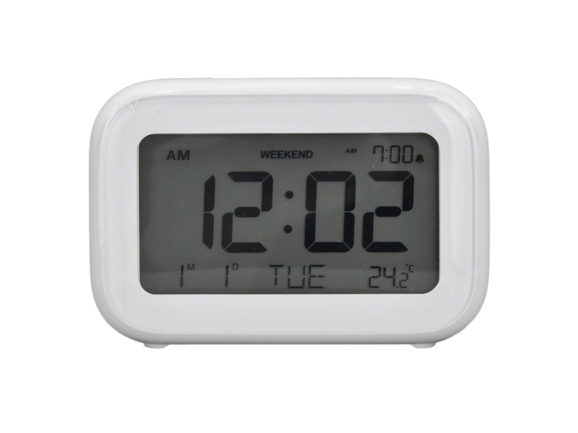 Mini despertador digital Baok-reloj com visor LCD, função soneca, formatos 12h/24h para quarto, viagens, escritório, branco