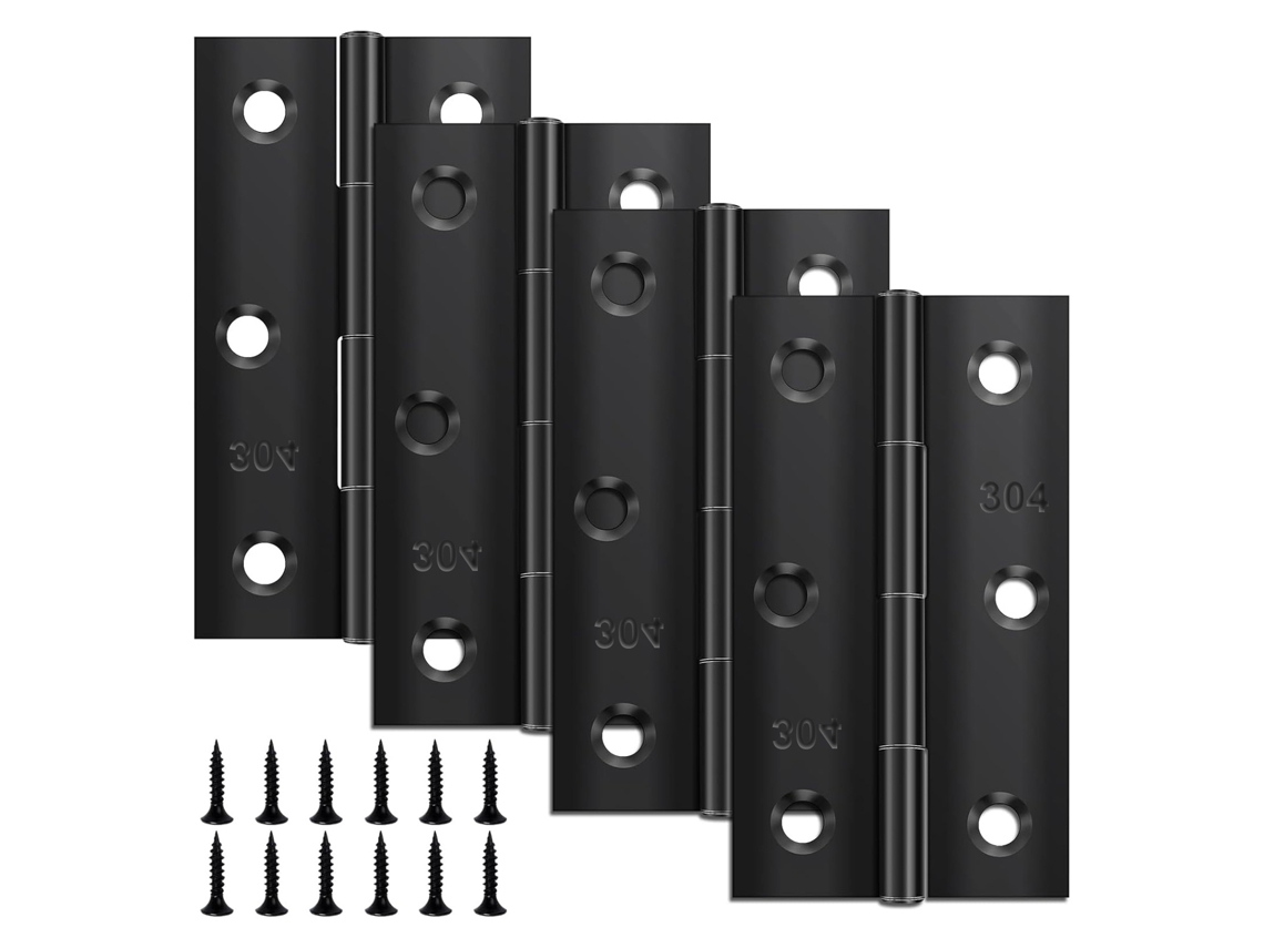 Quatro dobradiças dobráveis de aço inoxidável preto fosco de 66x37x1mm, dobradiças longas com rolamento de esferas (inclui 24 parafusos).
