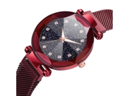 Relógio de Pulso Feminino de Quartzo com Pulseira de Malha e Botão Magnético Vermelho