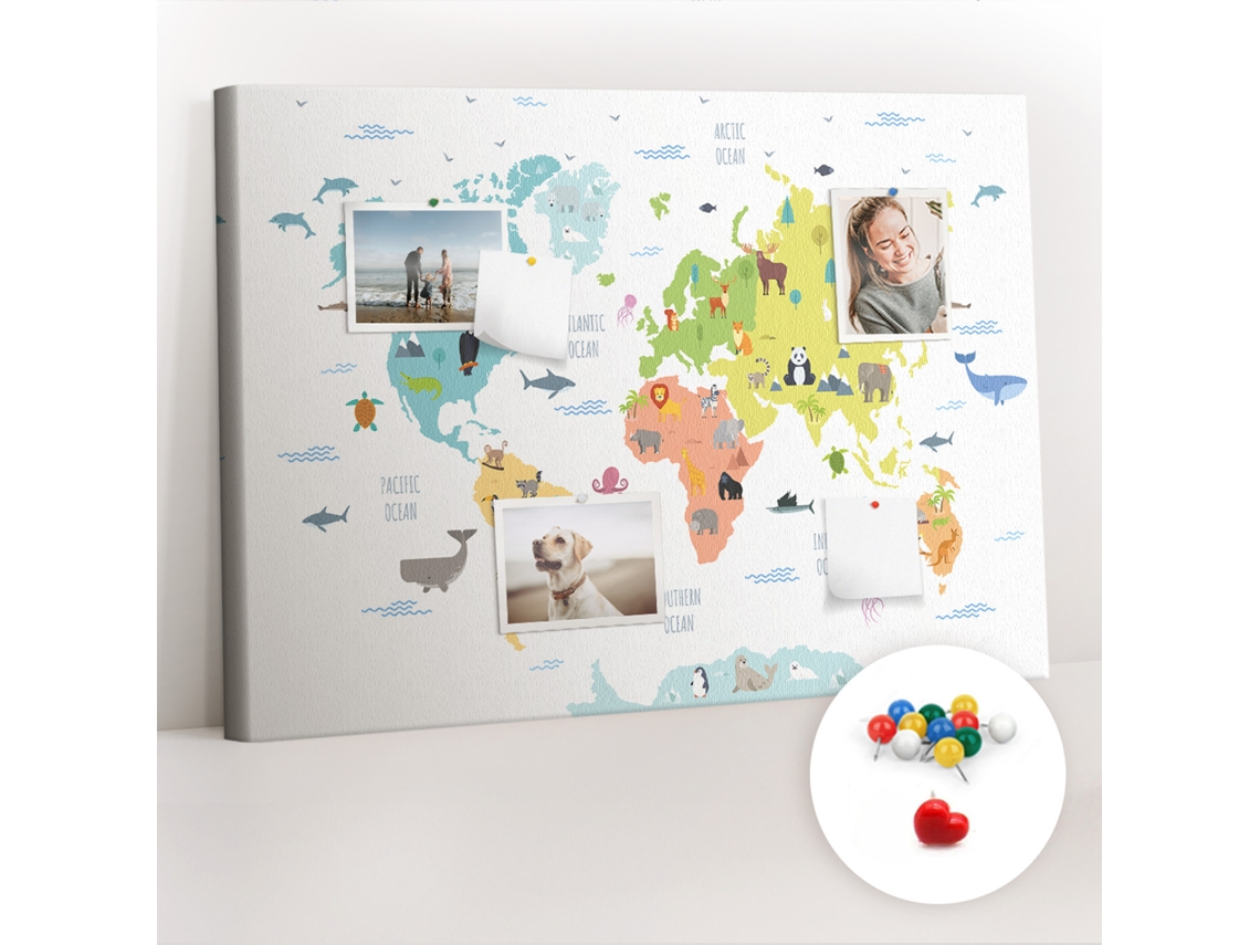 Quadro De Cortiça Mapa-múndi Com Animais Para O Escritório Espelharte (70x100 Cm)