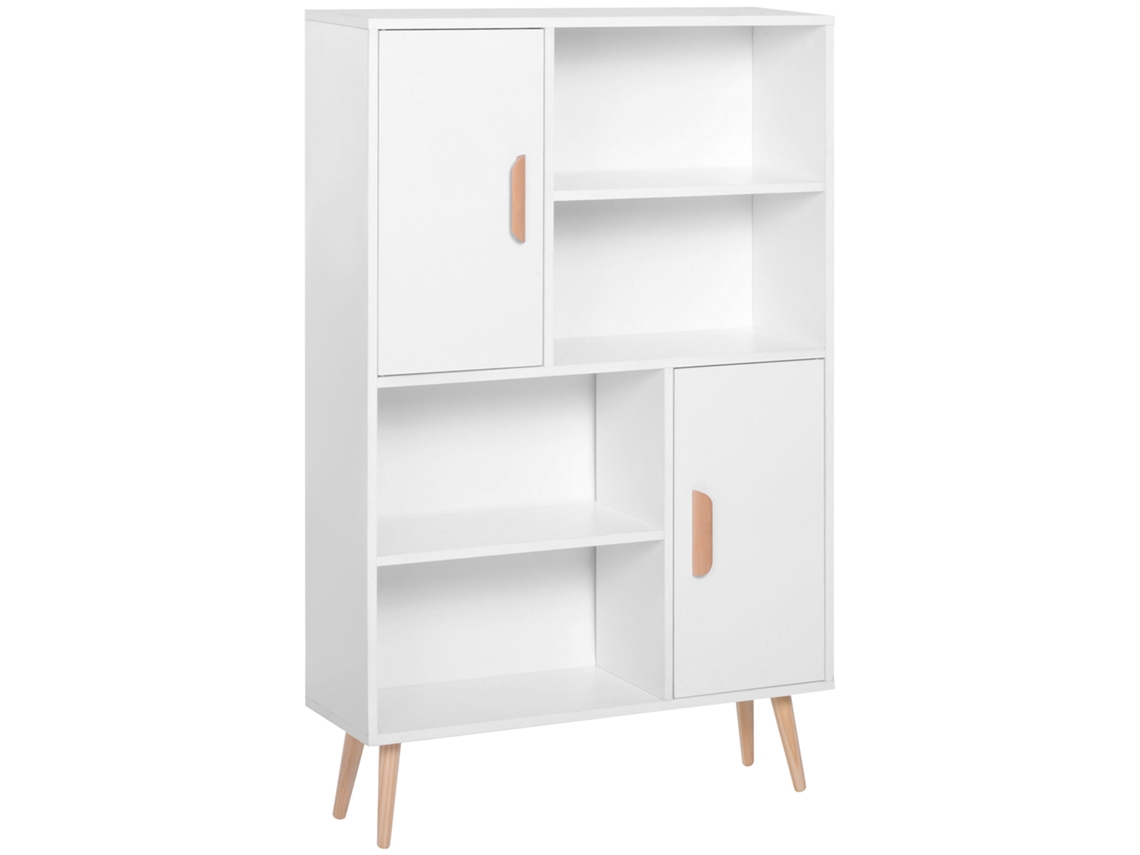 Estante Escandinava 4 Nichos + 2 Roupeiros, Prateleira Escura, Pernas Inclinadas, Madeira Maciça/aglomerado, 80x24x123 Cm, Branco - Chimi