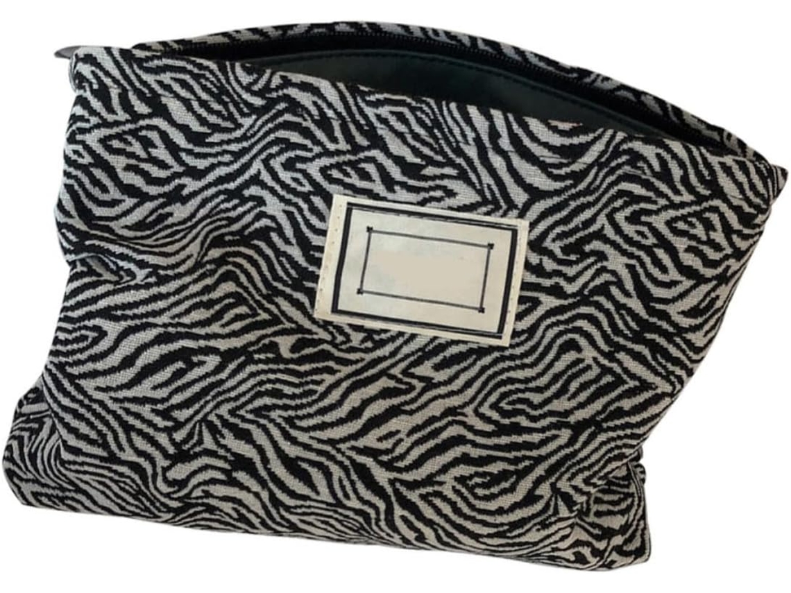 Nécessaire De Maquiagem Com Estampa De Leopardo Em Preto E Branco, Design Portátil Em Lona, Simples.