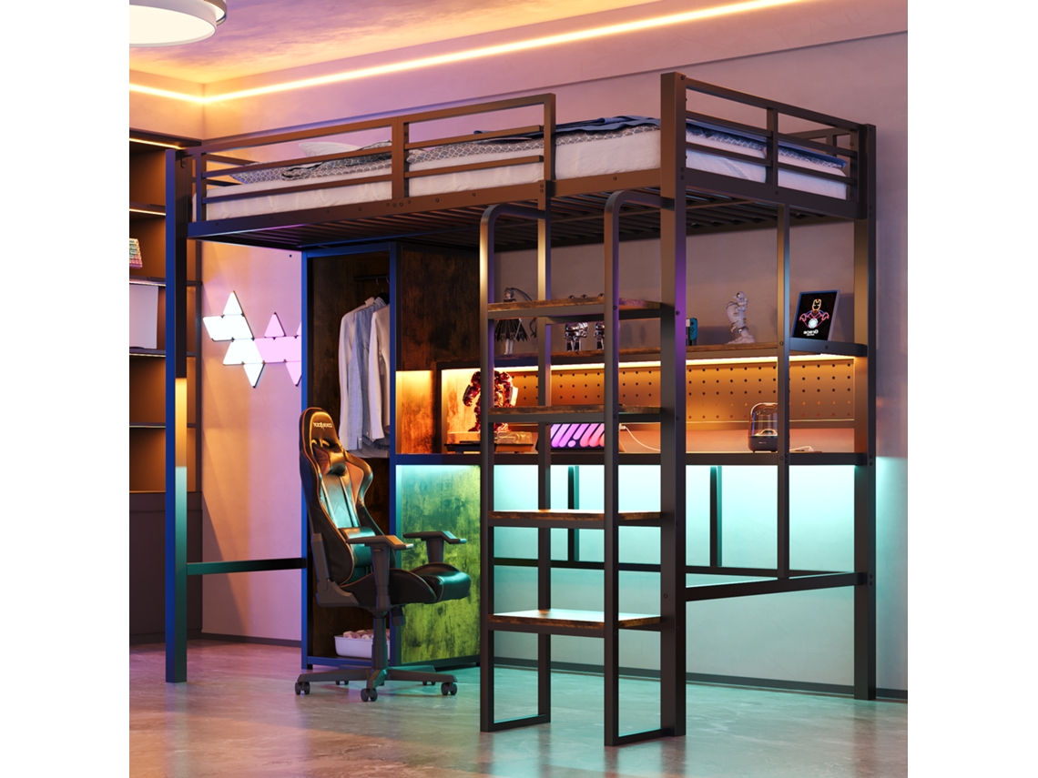 Cama Metálica Mezzan 90x200cm: Escada Vertical, Escrivaninha, Led Multicolorida, Guarda-roupa, Preta.-op