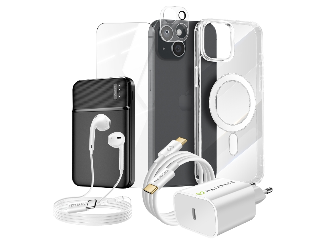 Mayaxess Coffret Iphone 15 Capa Filmes Carregador Powerbank Protetor De Câmera Cabo De Fone De Ouvido Transparente