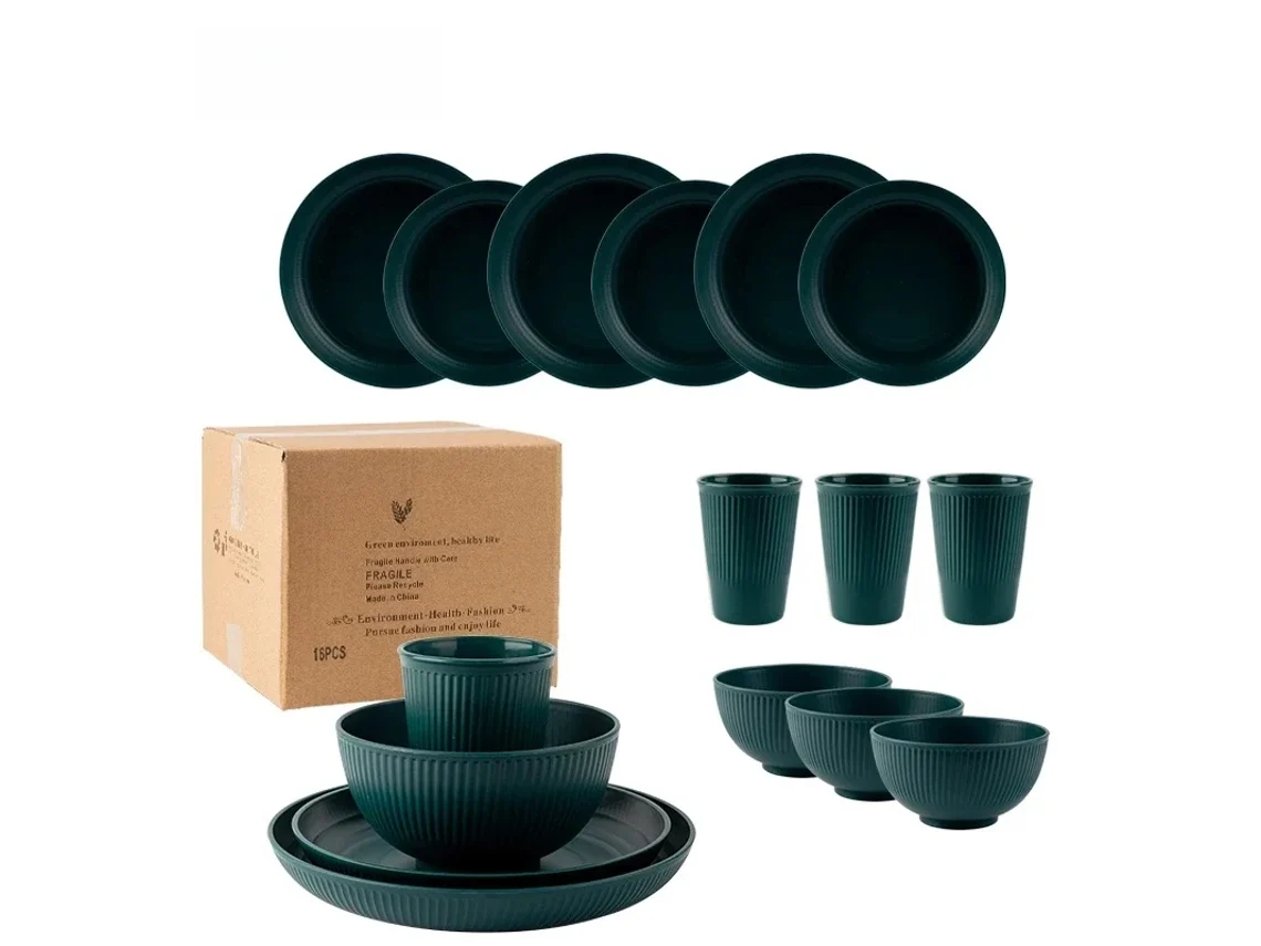 Conjunto de Jantar Portátil Estilo Campestre com 16 Peças, Incluindo Faca, Garfo e Colher, em Plástico Ecológico. MDUG (verde Escuro)
