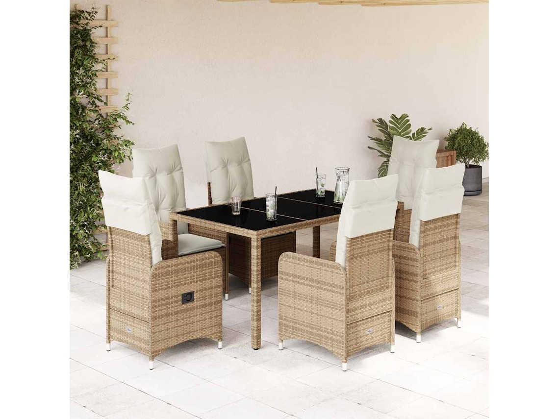 Vidaxl 7 Pcs Conjunto De Bistrô Para Jardim C/ Almofadões Vime Pe Bege