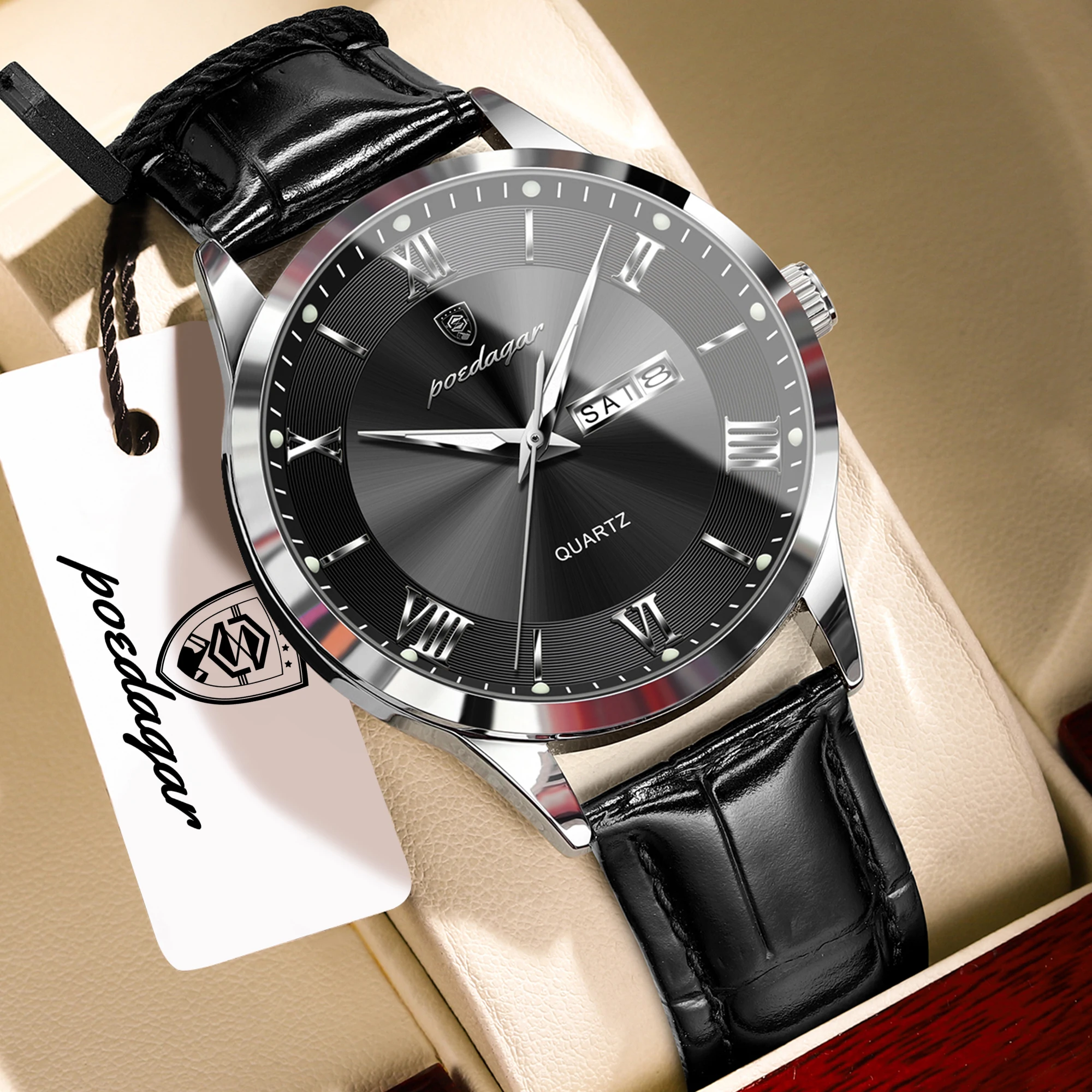 Relógio masculino de luxo (roxo e branco), pulseira de couro genuíno, à prova d'água e com luzes luminosas.