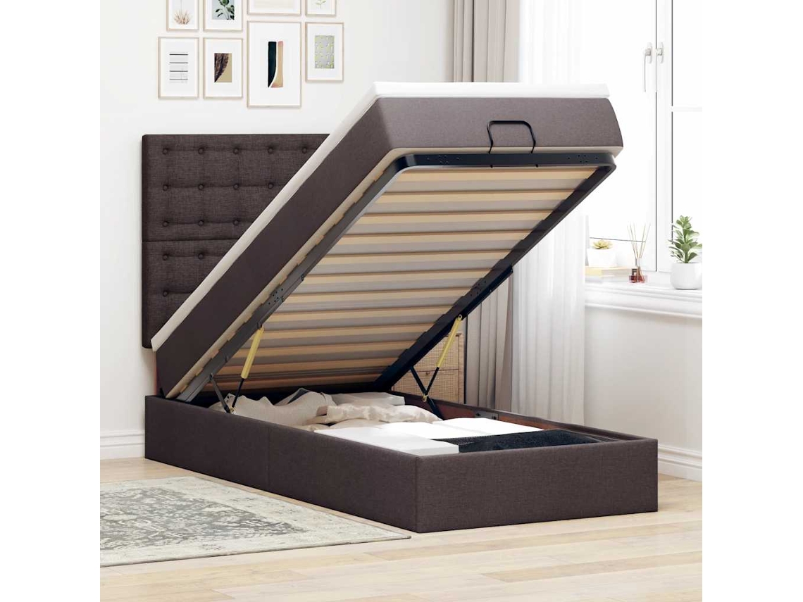 Vidaxl Estrutura Cama Otomana Colchão 100x200cm Tecido Castanho Escuro