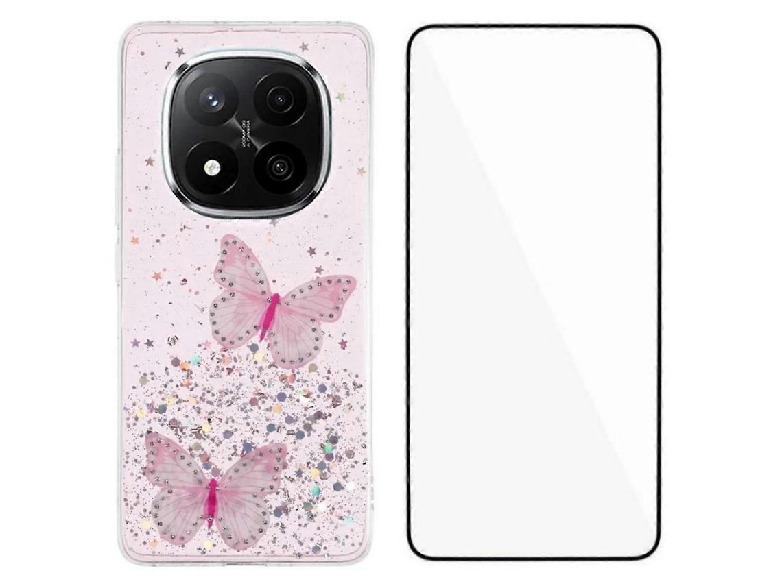 Capa De Tpu Wanlonfeng Série Aw Em Pvc Com Borboleta Epóxi E Película Hd Rosa Para Xiaomi Redmi Note 14 Pro 5g