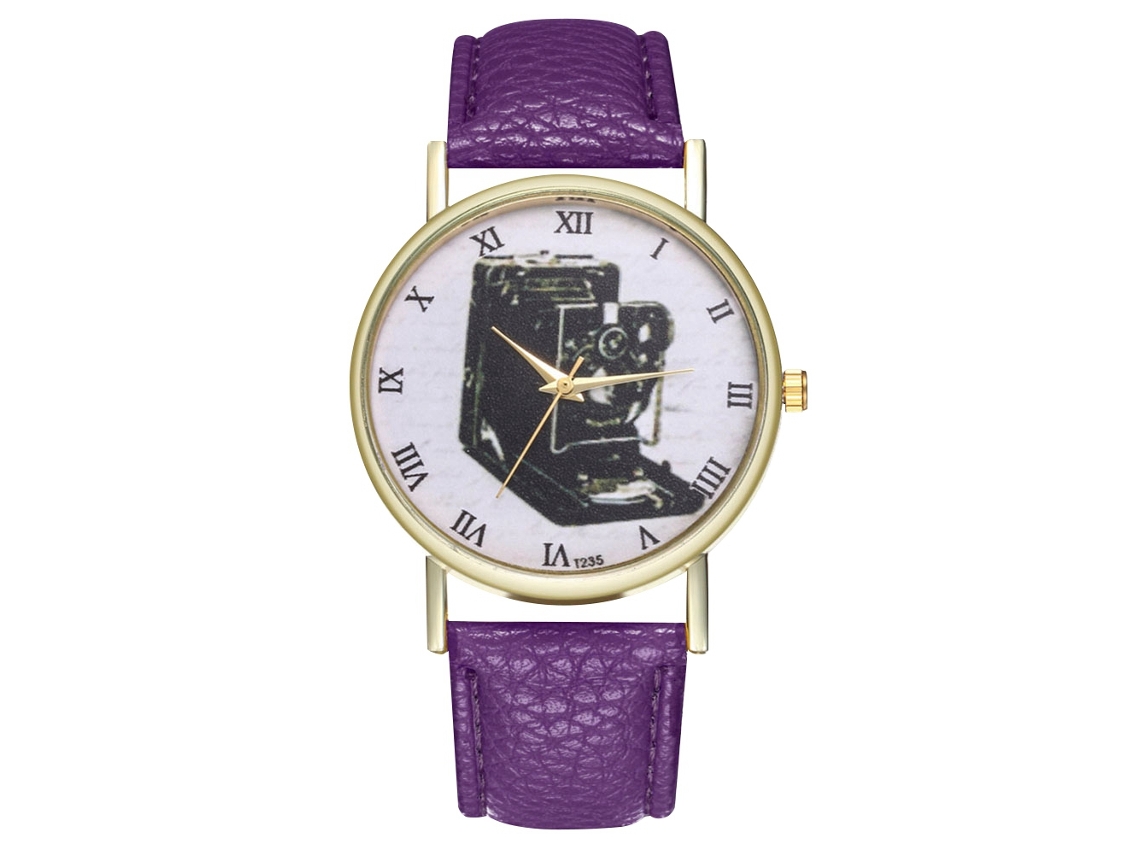 Relógio Analógico de Pulso com Pulseira Pu Quartzo Estilo Clássico para Mulheres e Homens Roxo