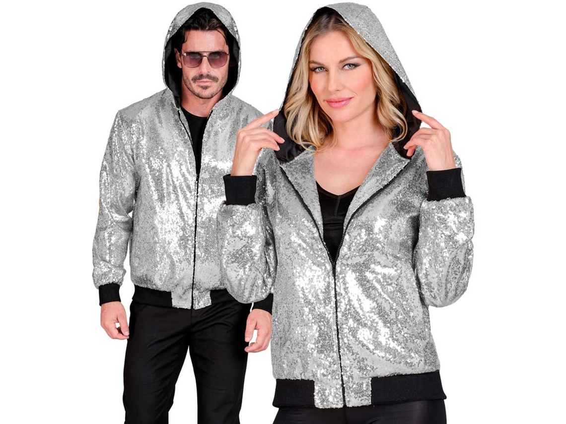 Bomber Fashion prateado com capuz e lantejoulas para adulto