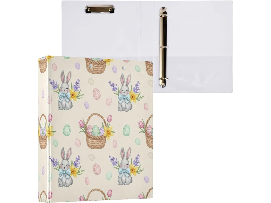 Pasta de 3 Argolas para Papel Tamanho Carta , Coelhinho da Páscoa Redondo e Fofo com Porta pra (27,9 X 21,6 Cm)