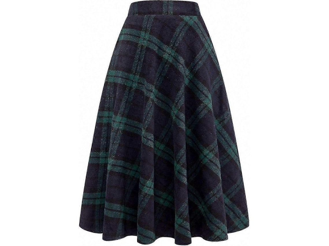 Saia Maxi Tartan De Lã A-line, Cintura Alta Elástica, Estampado Clássico, Inverno/primavera/outono, Preto Long Green