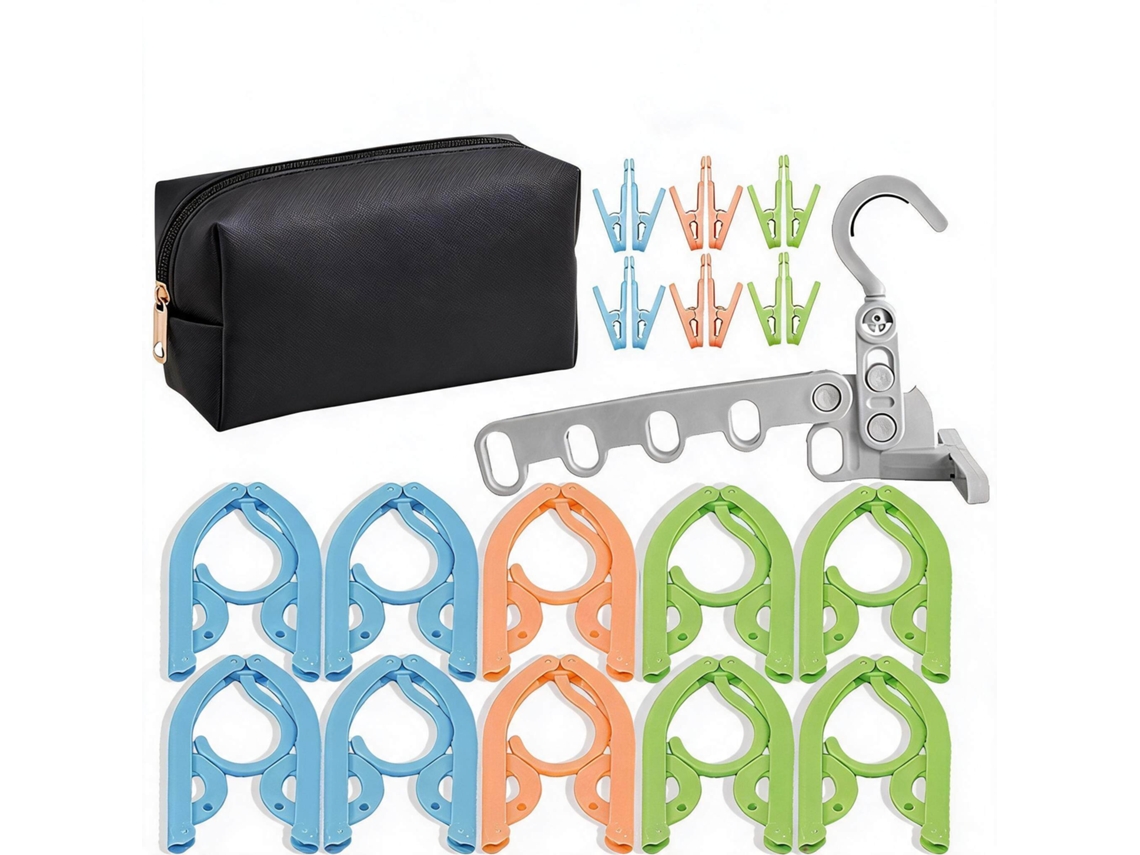 Conjunto Cabides Eifson Dobráveis Viagem 10 Cabides Com 12 Pregadores + Cabide 5 Furos + Bolsa (preto)