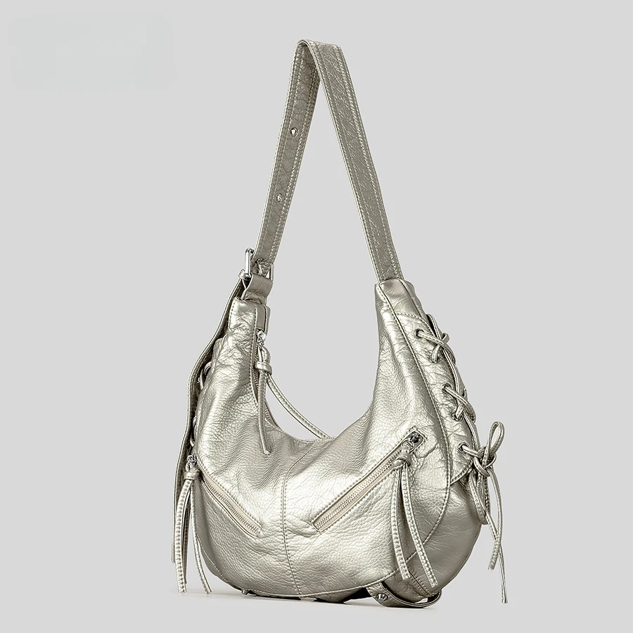 Bolsa De Ombro Feminina Estilo Punk Para Motociclista (prateada), Em Couro Pu Macio.