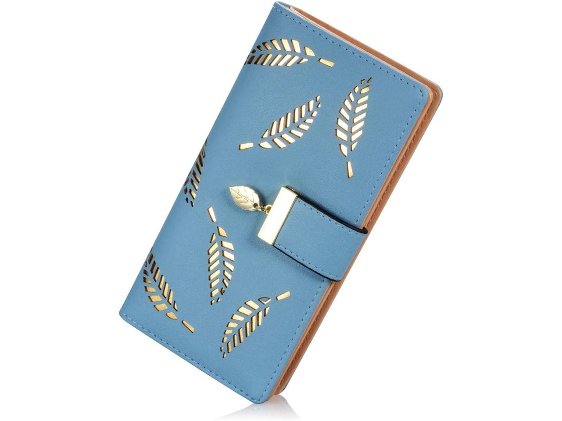 Carteira Mulher Longa Pu Com Fecho, Porta-moedas Folha Vazada, Porta-cartões Elegante Azul