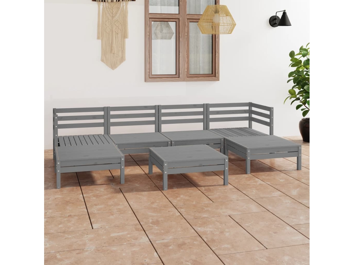 Vidaxl 7 Pcs Conjunto Lounge De Jardim Pinho Maciço Cinzento