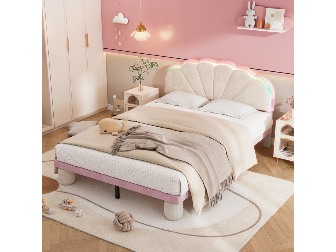Cama Estofada Veludo 140x200 Led Multicolor Cabeceira Ondulada Rosa Bege