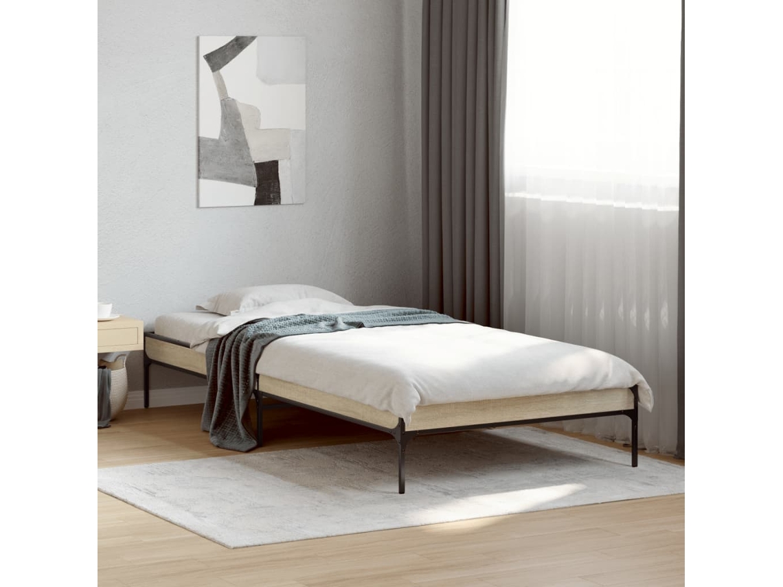 Cama De Solteiro | Camas Para Quarto | Estrutura De Cama Derivados De Madeira E Metal Carvalho Sonoma