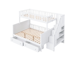 Beliche Infantil 90*200/140*200cm, Em Madeira Maciça Com Escada De Segurança, Duas Gavetas Grandes E Estrado De Ripas, Branco.