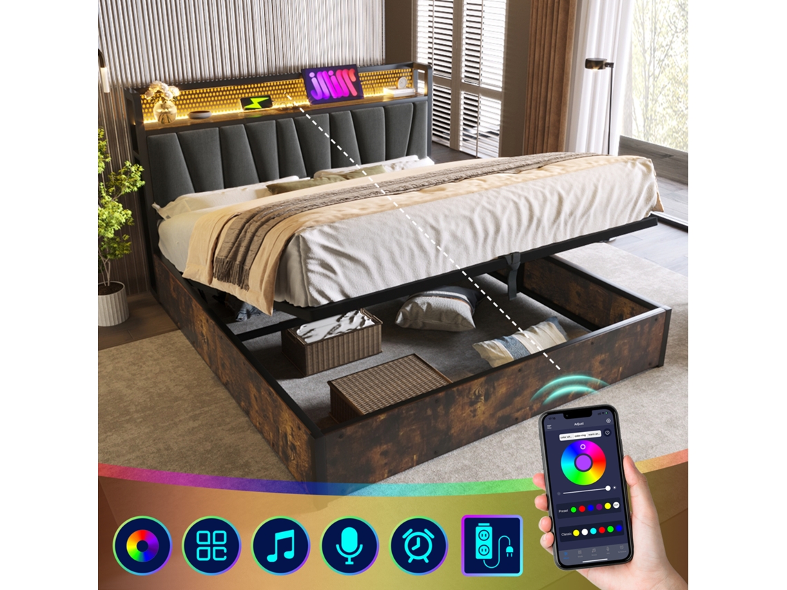 Cama De Aço Led Controle App Usb 160x200cm Cinza Sem Colchão
