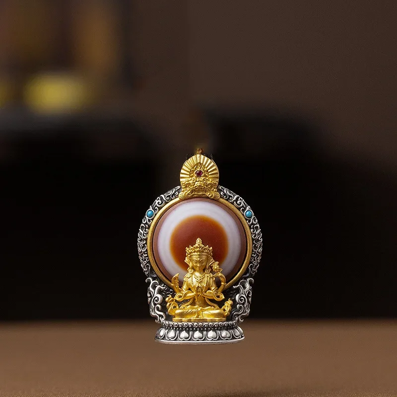 Colar Com Pingente De Bodhisattva Avalokitesvara De Nove Olhos - Lótus Budista Dourado Com Turquesa