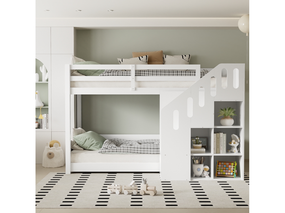 Beliches 2x90x200 Cm Com Escada, Apoios De Braços E Prateleiras De Arrumação, Madeira Maciça, Branco Estilo