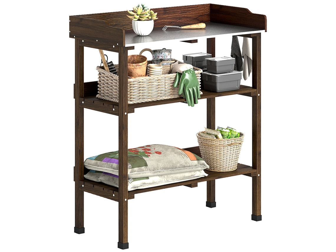 Mesa De Jardinagem De Madeira Com Superfície Metálica Prateleiras E Ganchos Para E Terraço 76x37x89 Cm Carbonizado