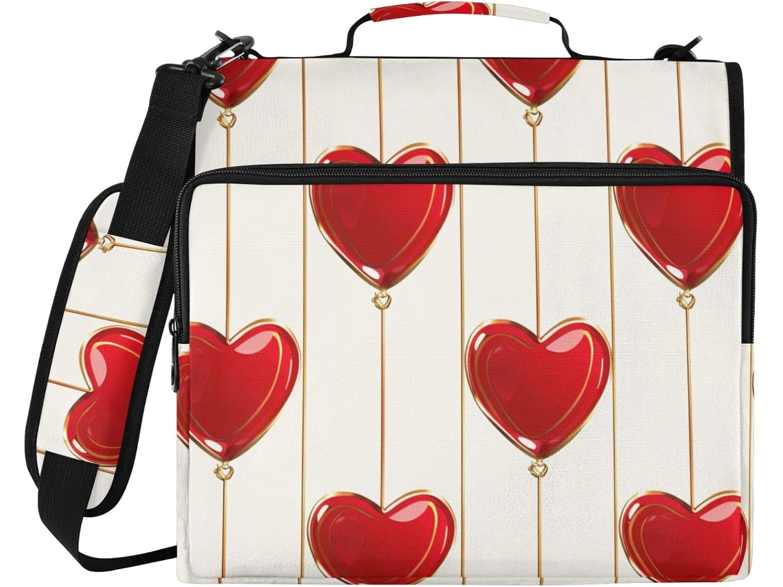 Pasta Organizadora Simples De 3 Argolas Com Estampa Coração Vermelho, 1, 5 Polegadas, Com Alça De Ombro, Bolsa
