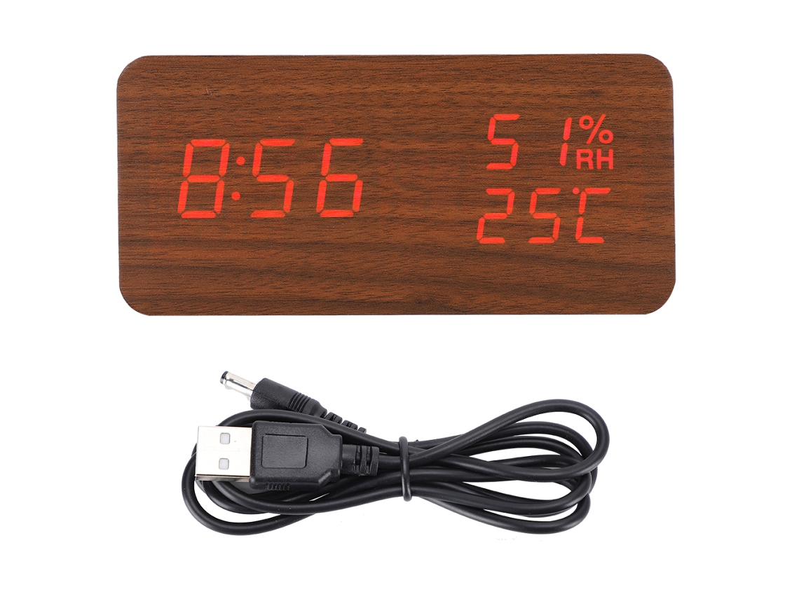Reloj Despertador De Madera Con Led Y Controle De Voz, Retangular, De Madera Marrón, Con Luz Roja, Digital