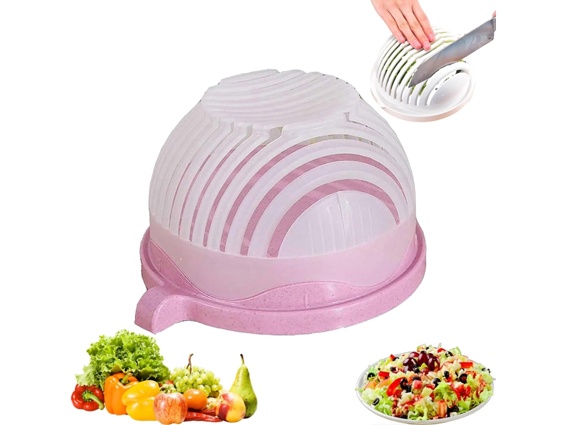 Tigela Cortadora De Salada 2 Em 1 Com Tampa, Cortador De Legumes E Frutas Seguro E Fácil De Limpar, Rosa