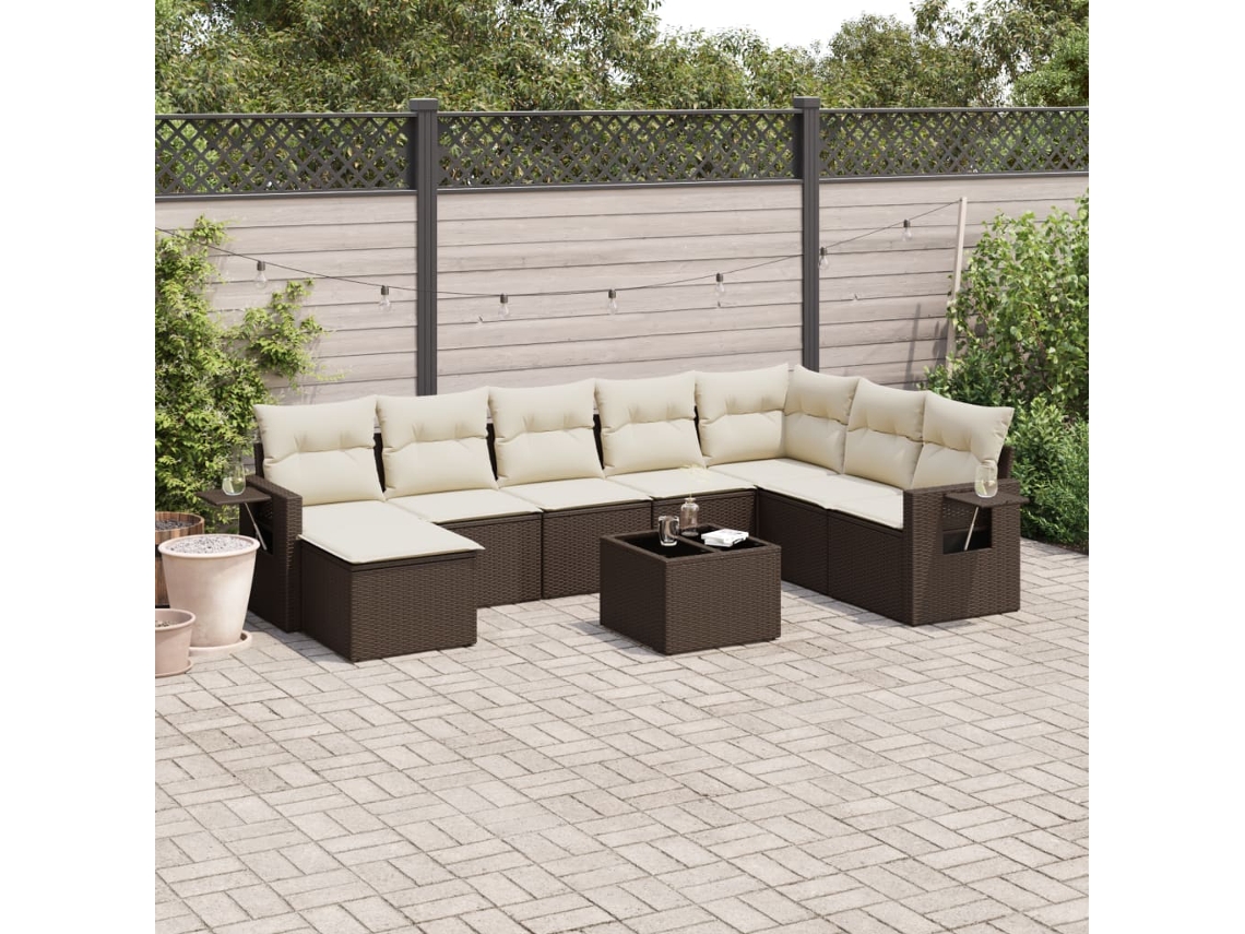 Vidaxl 9 Pcs Conjunto Sofás P/ Jardim C/ Almofadões Vime Pe Castanho