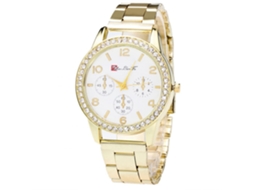 Relógio de pulso unissex, moderno e casual, com strass e pulseira de aço dourado.