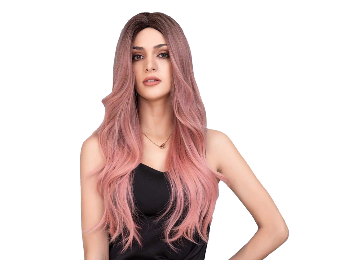 Peruca feminina longa ondulada com mechas rosa ombré para cosplay