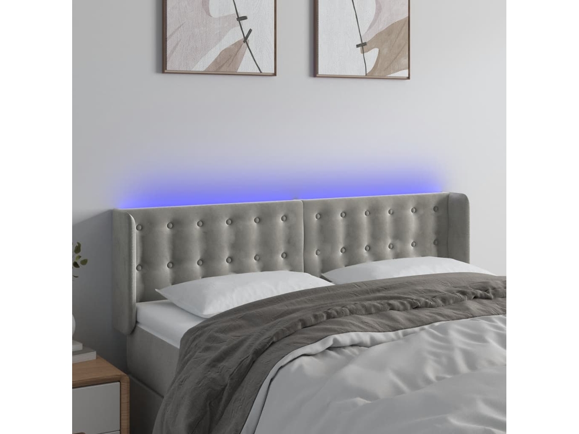Vidaxl Cabeceira Cama C/ Luzes Led Veludo 147x16x78/88 Cm Cinza claro