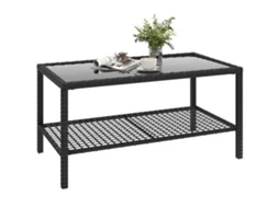 Mesa de Centro de 2 Níveis com Tampo de Vidro Temperado e Prateleira, Aço e Rattan, 92x50x45 Cm, Preta ZENCORE SERVICES