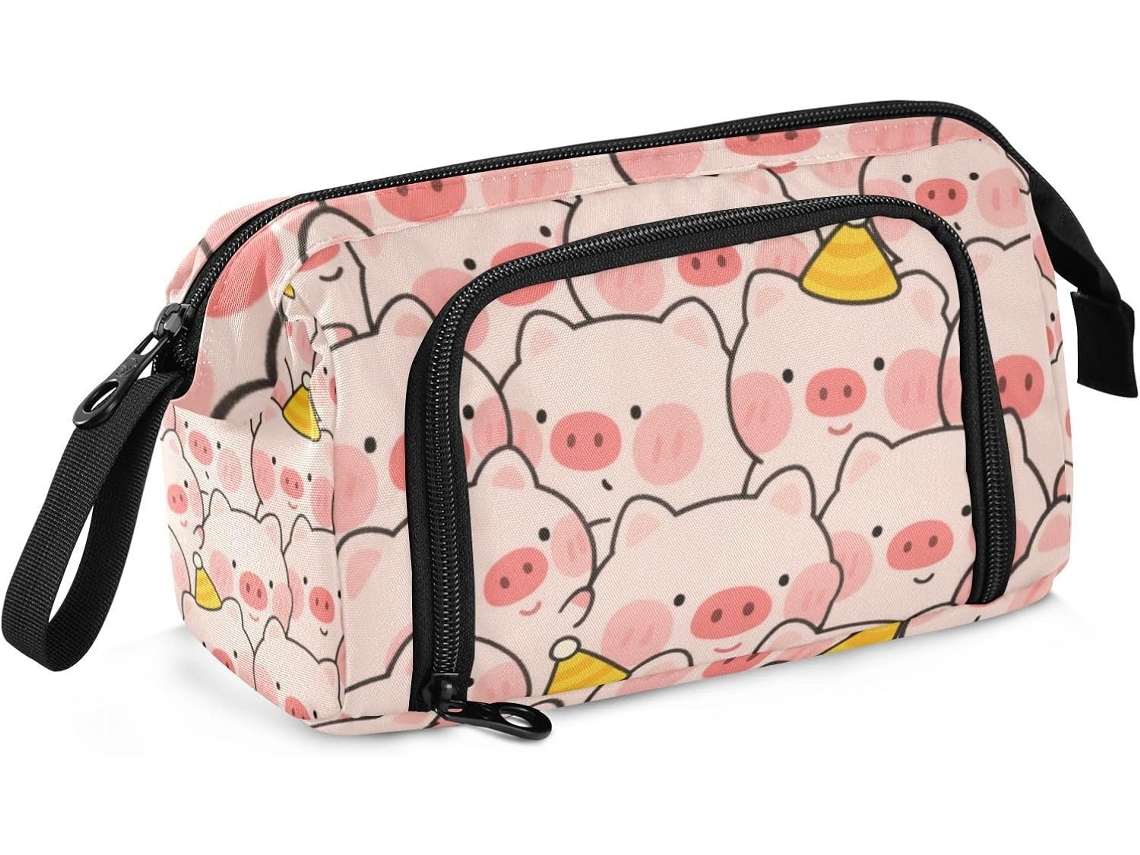 Estojo Grande com Compartimento para Lápis, Ideal Adolescentes, Estampa de Porquinho Rosa. 24 X 9,5 15 Cm