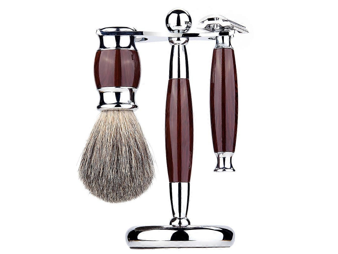 Conjunto De Barbear Com Cabos De Madeira E Suporte Cromado